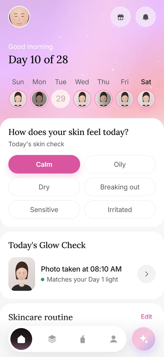 Today screen with the daily Glow Check